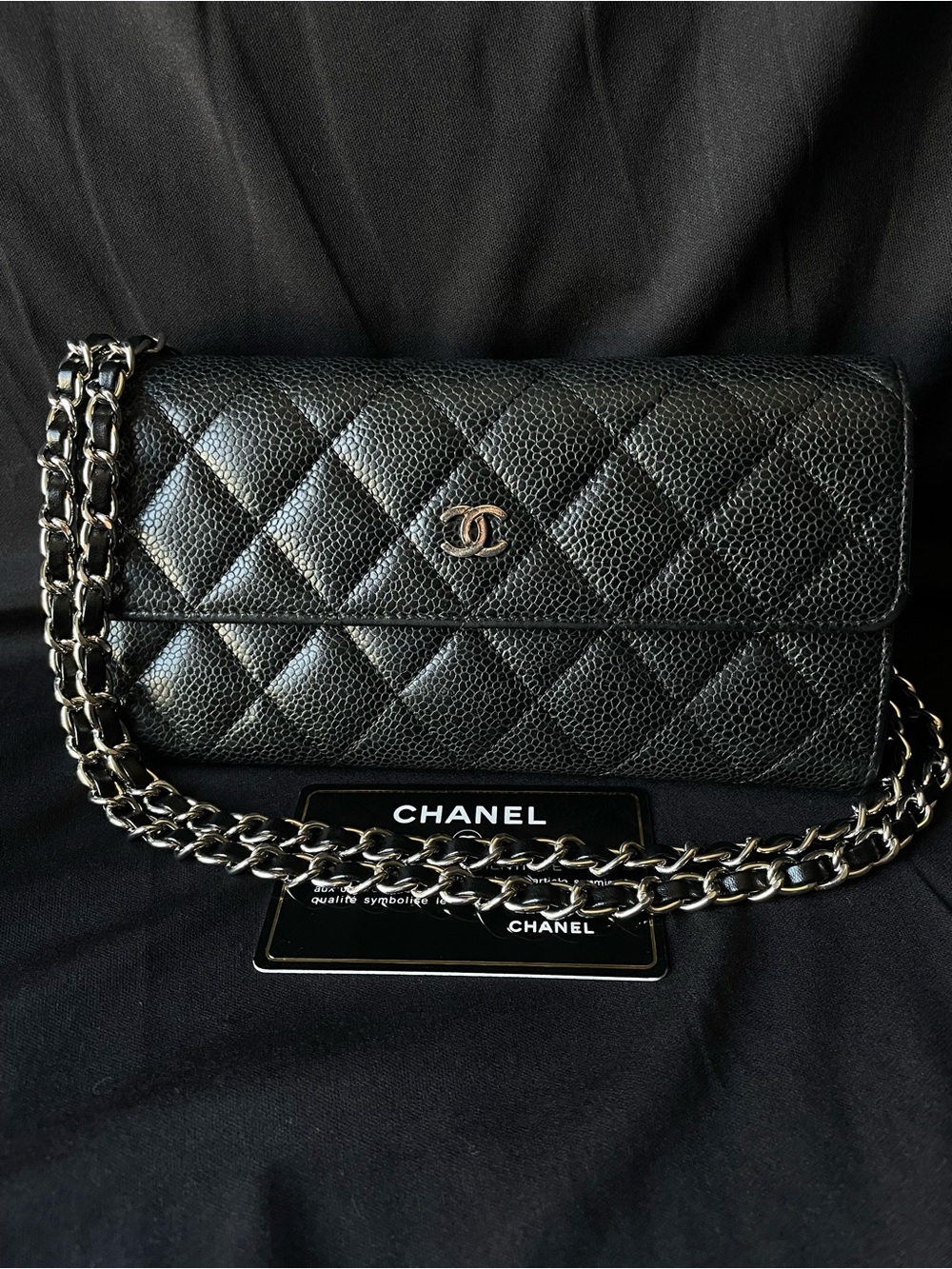 🖤Black Chanel caviar leather long wallet with silver tone hardware.